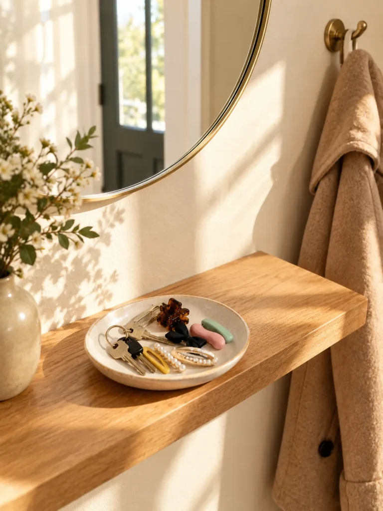 Hallway mirror by the front door with keys and hair clips in a small dish