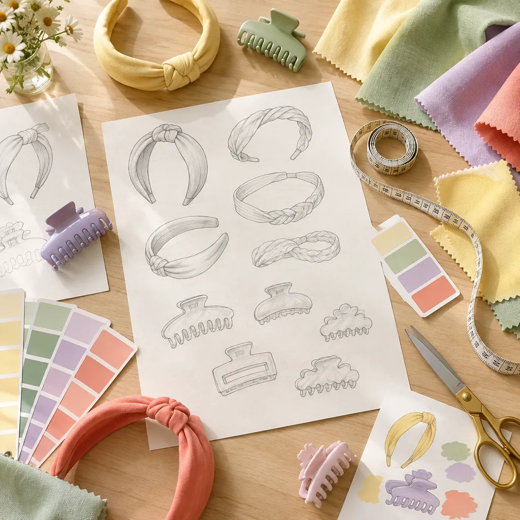Design table with headband sketches, fabric swatches and colour chips