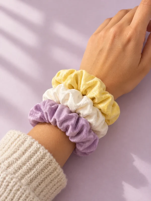 En stak scrunchies på et håndled mod lilla papir
