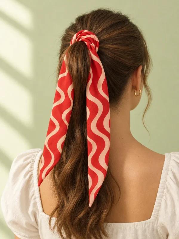 En hestehale bundet med en smal twilly med print, set bagfra