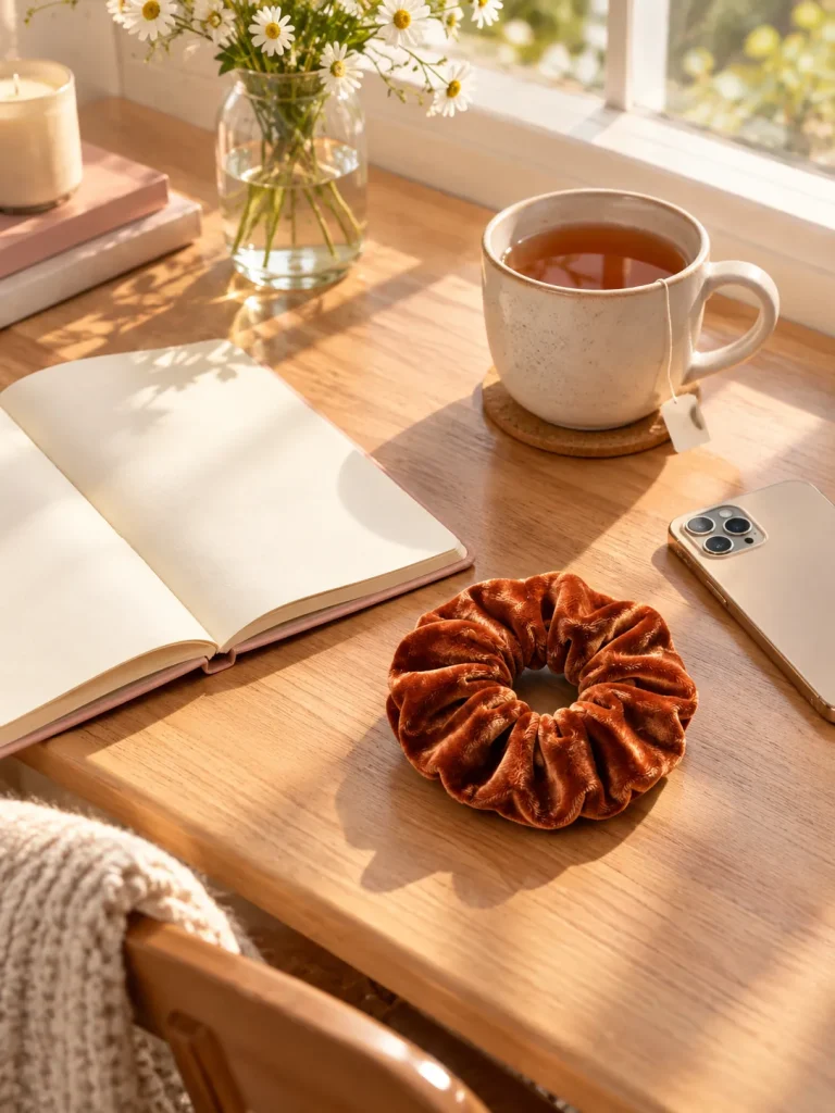 Desk with a notebook, a phone and a scrunchie in morning light