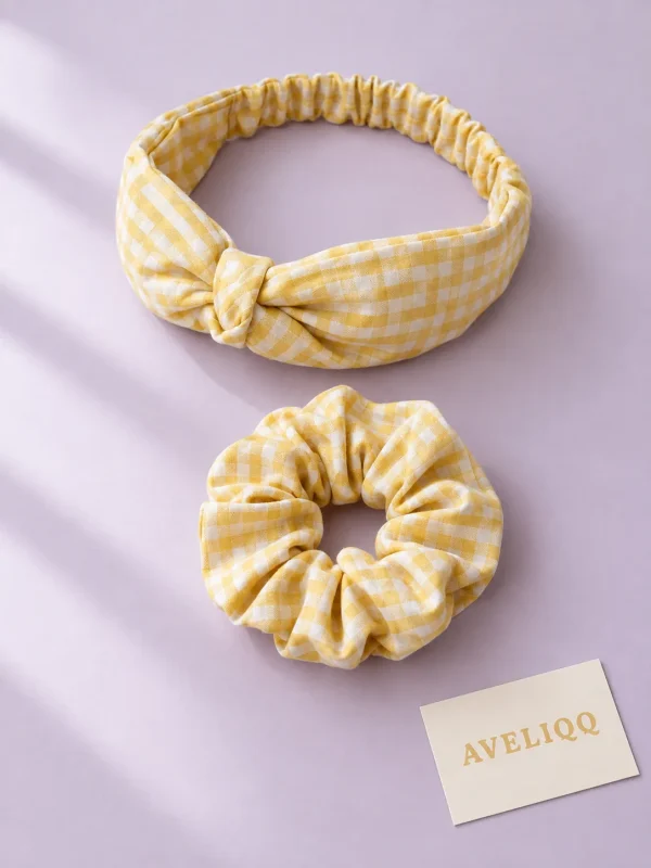 Gingham Band & Scrunchie on a plain coloured background