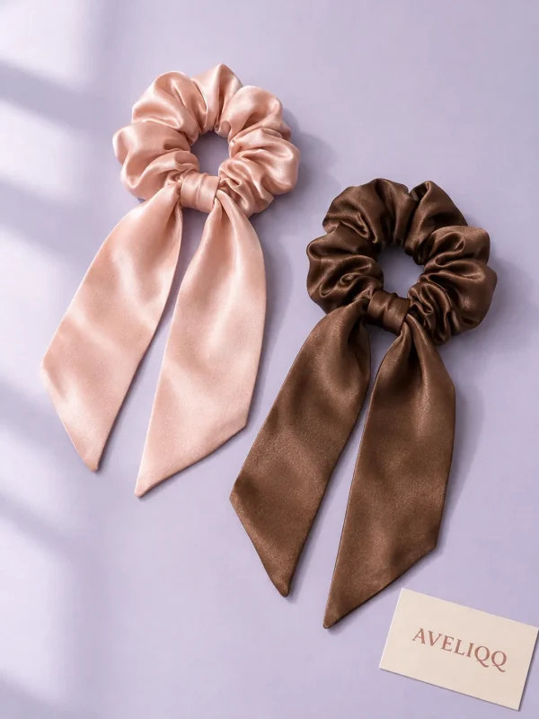 Ribbon Tail Scrunchie Duo on a plain coloured background