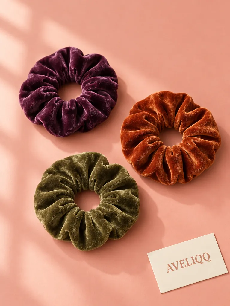 Samt-Scrunchie-Trio vor einfarbigem Hintergrund